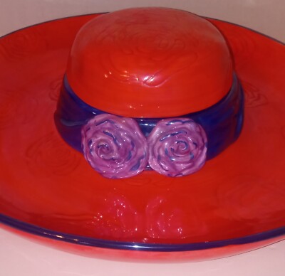  Ceramic Chip & Dip Vintage Red Hat Society Blue,Red,Party Serving Dish w/Lid -image