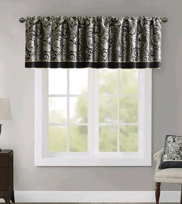 2 Jacquard Rod Pocket Valance Panel Classic Black Silk Paisley 50Wx18H-image