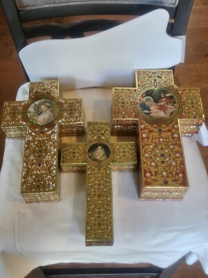 3pc Nesting Punch Studio Cross Shaped Repousse Nativity Art Painting Scenes EUC-image