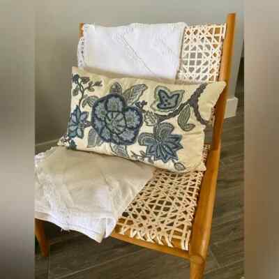 Pottery Barn Embroidered Rectangle Lombard Throw Pillow Cream and Blues!-image