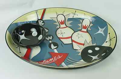 Clay Art Bowling Ball & Pin Design Bowl O Rama Chip & Dip Entertainment Set NIB-image