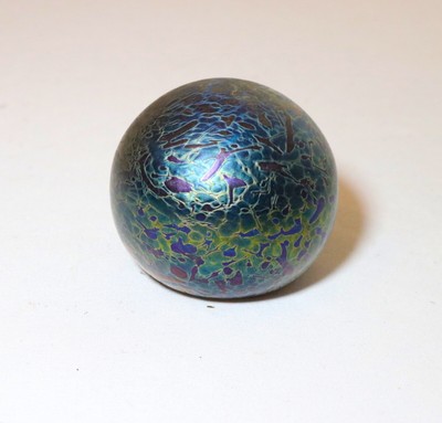vintage hand blown aurene iridescent sphere shaped studio art glass paperweight-image