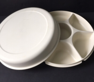 Vintage Almond Tupperware Vegetable Dip Snack Serving Tray with Lid 1665-3-image