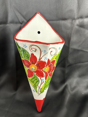 Hand-Painted Floral  Cone Shaped Wall Pocket Vase With Red Trim Heavy Ceramic Wa-image