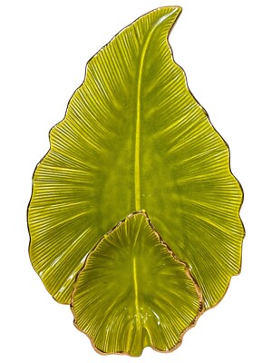 Large 17” California Pottery USA G28 Chip & Dip Set Green Leaf Mid Century-image