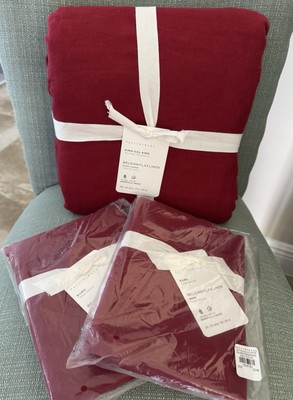 Pottery Barn ~BELGIAN FLAX LINEN~ KING Duvet & 2 Eu Shams ~BERRY RED~ CHRISTMAS-image