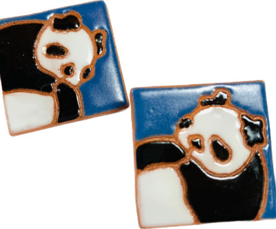 VTG Earrings Handmade Panda Bear Clay Enamel Jewelry Stud Back-image