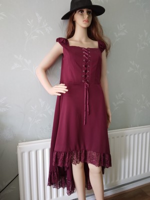 Maroon size L lace up front lacey dip hem midi dress by Scarlet Darkness.-image