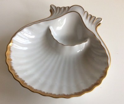 Vintage White With Gold Trim Shell Dip Bowl Shrimp Seafood Server Large-image