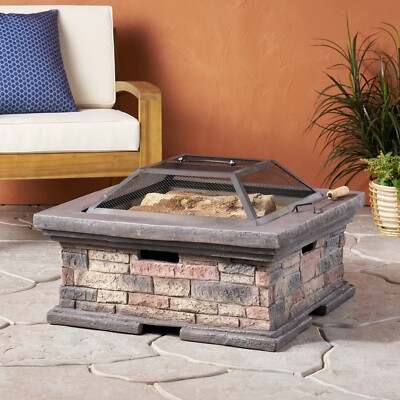 Outdoor Lightweight Concrete Wood Burning Square Fire Pit, Stone Finish-image