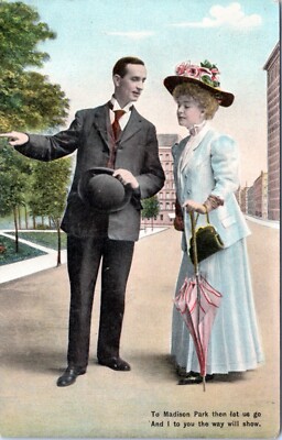 Postcard Th. Eismann 1092 - Couple on street - To Madison Park then let us go-image