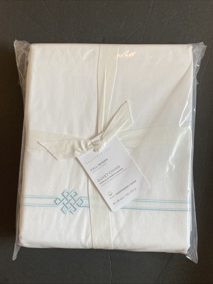 Pottery Barn EMILIA Embroidered Cotton Percale Duvet, F/Q, SEA GLASS, NWT, $199-image