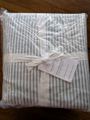 POTTERY BARN Wheaton Striped Cotton Linen Queen Duvet-Chambray-NWT-image