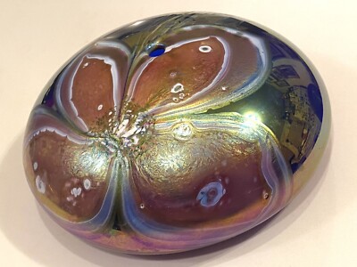 Glass house Studio Seattle Oil Lamp Iridescent Art Glass 6” Dated 1988-image