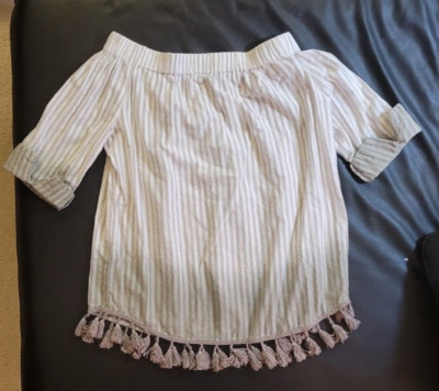 sz L White Beige striped Blouse 3/4 cuffed sleeves, tassel fringe hem, dip dye-image