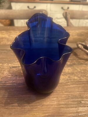 Vtg  MCM Studio Blown Art Glass Cobalt Blue Handkerchief Ruffle WAVE VASE 7”-image