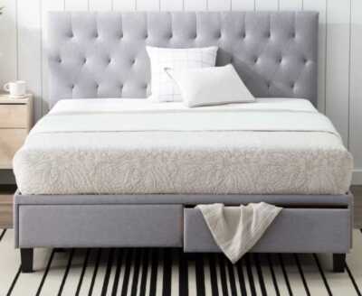 Galey Tufted Upholstered Low Profile Storage QUEEN Platform Bed, Stone-image