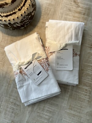 Pottery Barn Time Embroidered Organic Percale EURO Shams Set Of 2 Soft Rose OB!-image