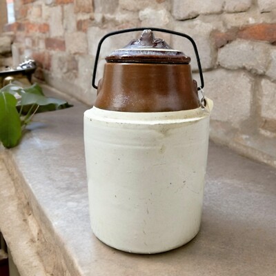 Large Antique Canning Crock Brown Dip Glaze  Rustic Kitchen Storage Jar, 1 gal.-image