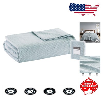 Luxurious 100% Egyptian Cotton Waffle Knit Blanket in Light Blue - Full/Queen-image