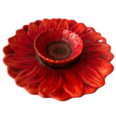 Maxcera red sunflower ceramic chip & dip serving dish platter 14-image