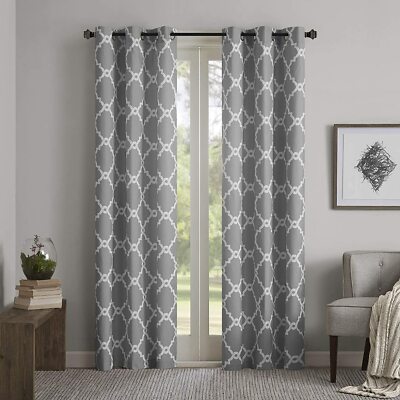 Madison Park Grey Curtains Darkening Geometric Grommet Curtains 2 Panel Set-image