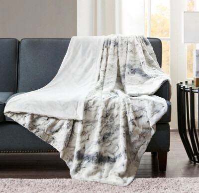 MADISON PARK SACHI BRUSHED LONG FAUX FUR OVERSIZED THROW BLANKET MARBLE GREY NEW-image
