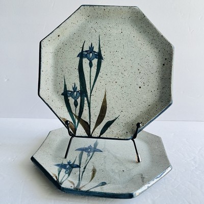 Studio Art Pottery 2 Plates with Blue Floral Design Octagon Shaped Signed READ-image