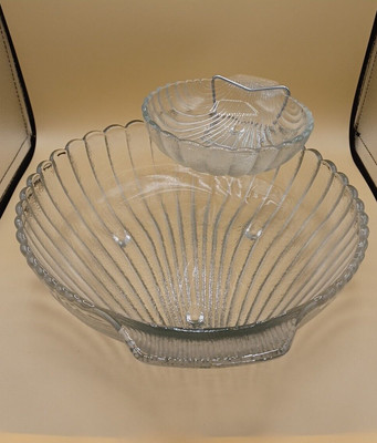 Vtg Anchor Hocking large Frosted Glass Chip And Dip Bowls Set Clam Mid Century-image