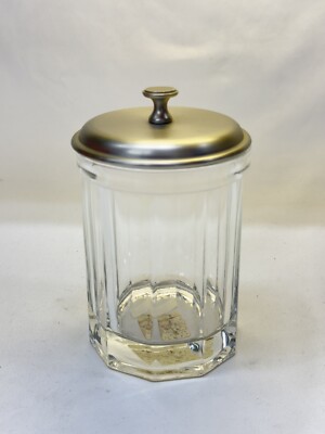Pottery Barn HEAVY Clear Glass Silver  METAL LID BATHROOM VANITY CANISTER-image