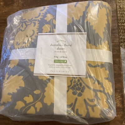 Pottery Barn Dorothea Floral Duvet King Cal King Organic Grey Mustard Yellow New-image