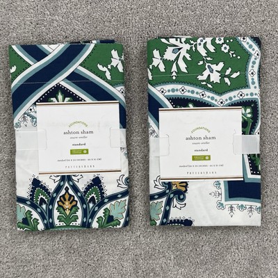 Pottery Barn Pillow Sham Standard Ashton Blue Green Medallion Set 2-image
