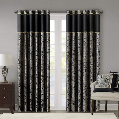 Madison Park Aubrey 2 Panel Curtain Faux Silk Paisley Jacquard, Rod Pocket Curta-image