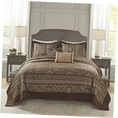  Bellagio Reversible Quilted Bedspread Set, Solid Oversized King Brown/Gold-image