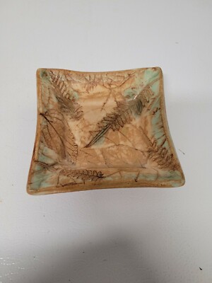 Malabar Meyer Studio Art Ceramic Pottery Leaves Imprint trinket tray/dish Signed-image
