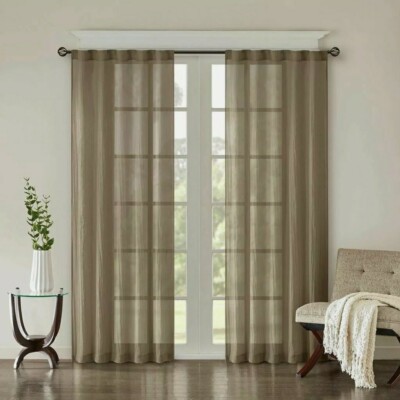 Set of 2 Solid Taupe Crushed Sheer Window Panels - Rod Pocket or Back Tab Top-image