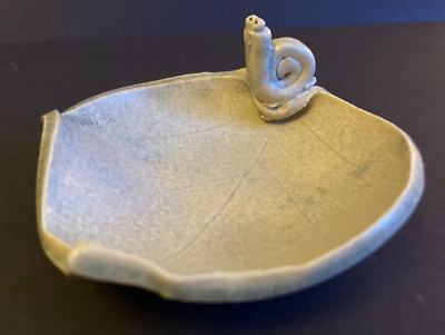 Studio Artisan Made Pottery Green Leaf with Snail Matte Glaze Trinket Ring Dish-image