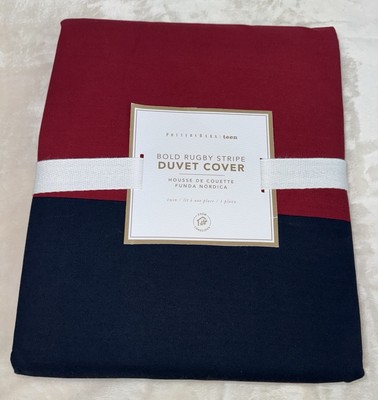 NWT POTTERY BARN TEEN Bold Rugby Stripe Duvet Cover Red Navy Twin-image