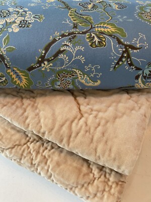 Pottery Barn Queen Duvet Jacobean Floral Blue~with 2 PB Gold Velvet Euro Shams -image