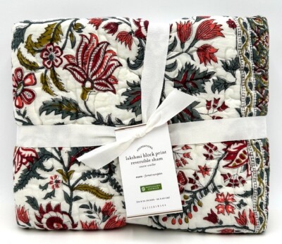 NEW Pottery Barn Lakshmi Block Print Reversible EURO Sham Red White Green -image