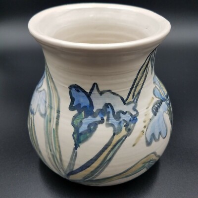 VTG 1991 Studio Pottery White Clay Bulb Shaped Vase Blue Iris Pattern Signed -image
