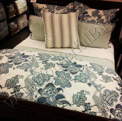 Pottery Barn Paige Palampore Duvet Cover Blue Queen 2 Std Sham Floral Bird Rare-image