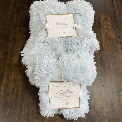 POTTERY BARN TEEN RECYCLED SUPER FLUFFY TWIN DUVET COVER SET (1) STND SHAM~ BLUE-image