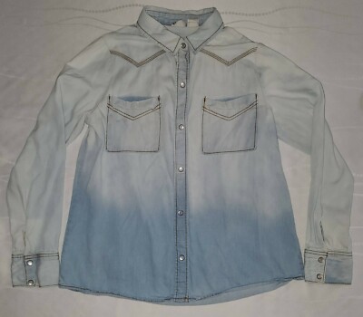 Mudd Girl's LARGE Button-front Shirt Dip-dye Blue & Bleached Denim & Pearl Snaps-image