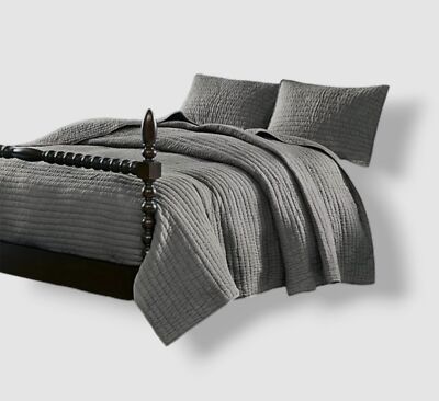 Madison Park Gray Signature Serene Hand Quilted 3-Pc. Quilt Set, Full/Queen Size-image