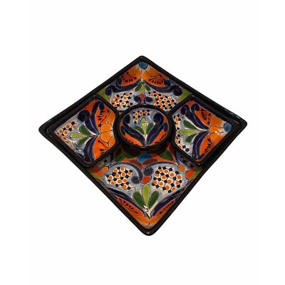 Vintage Talavera Large Hand Painted Serving Plate and 2 Small Corner Dishes Blue-image