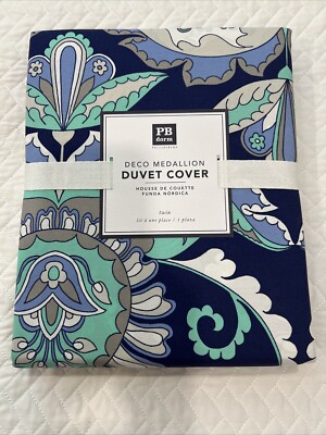Pottery Barn Teen Dorm Deco Medallion Duvet Cover Twin Navy Green NWT New-image