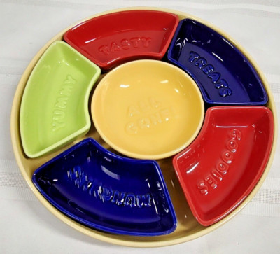 Snack Time 7 pc Chip Dip Set Divided Serving Dishes Tray Raised Letters Embossed-image