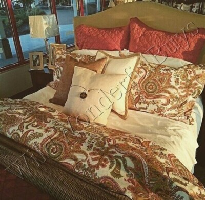 Pottery Barn Felicity Duvet Cover Set Orange Green King 2 King Shams 3pc Rare🦩-image