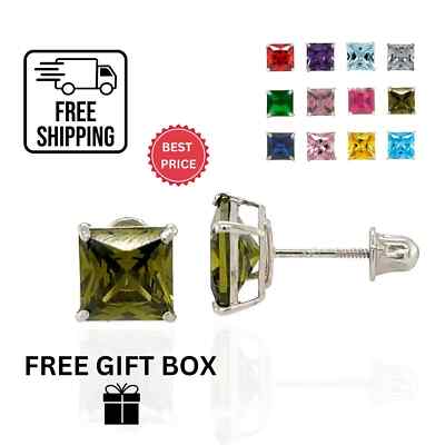 14K Solid White Gold Square Princess Cut CZ Birthstone Stud Earrings All Sizes-image
